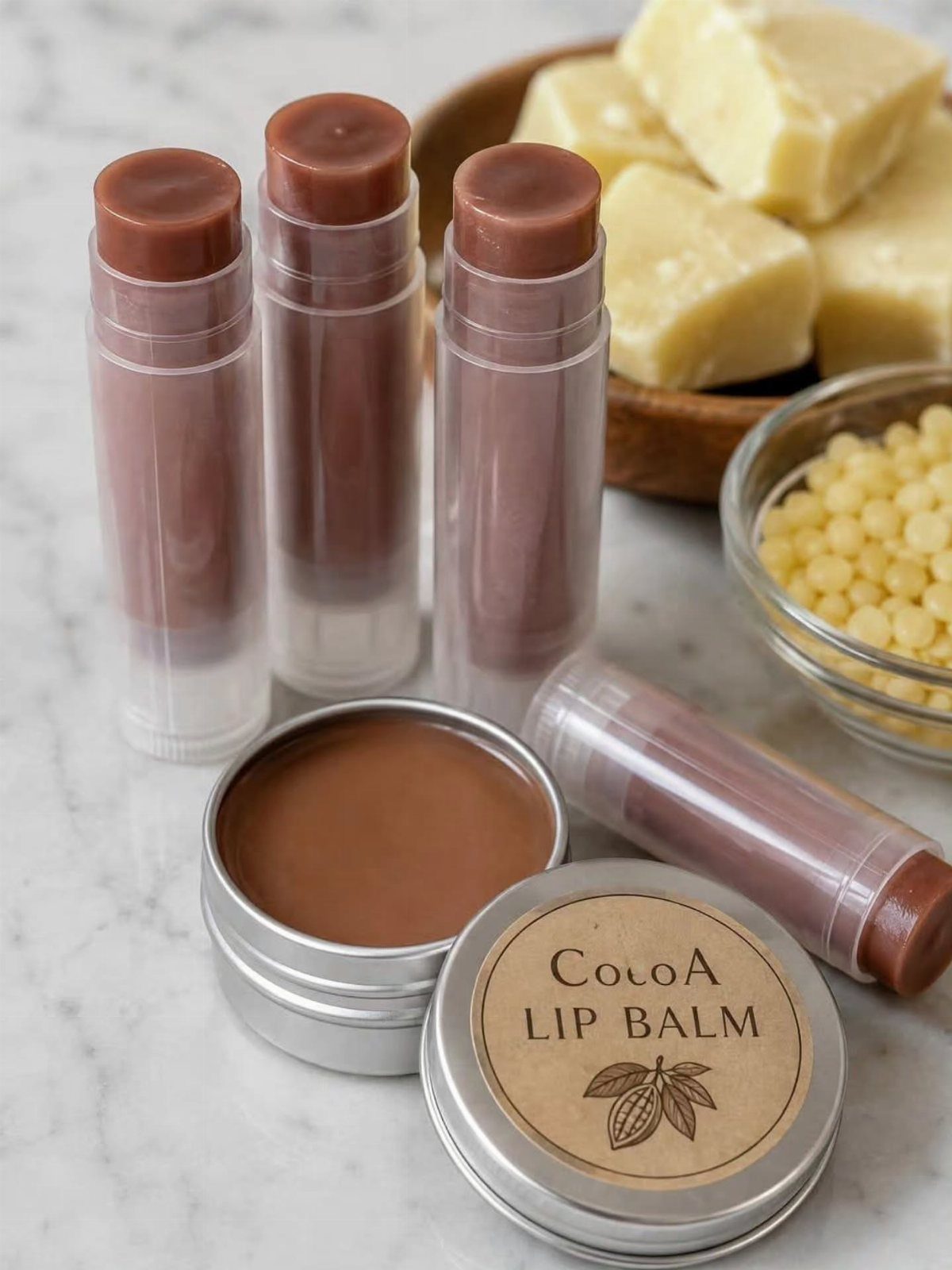 Cocoa lip balm in tubes and a tin with raw ingredients on marble.