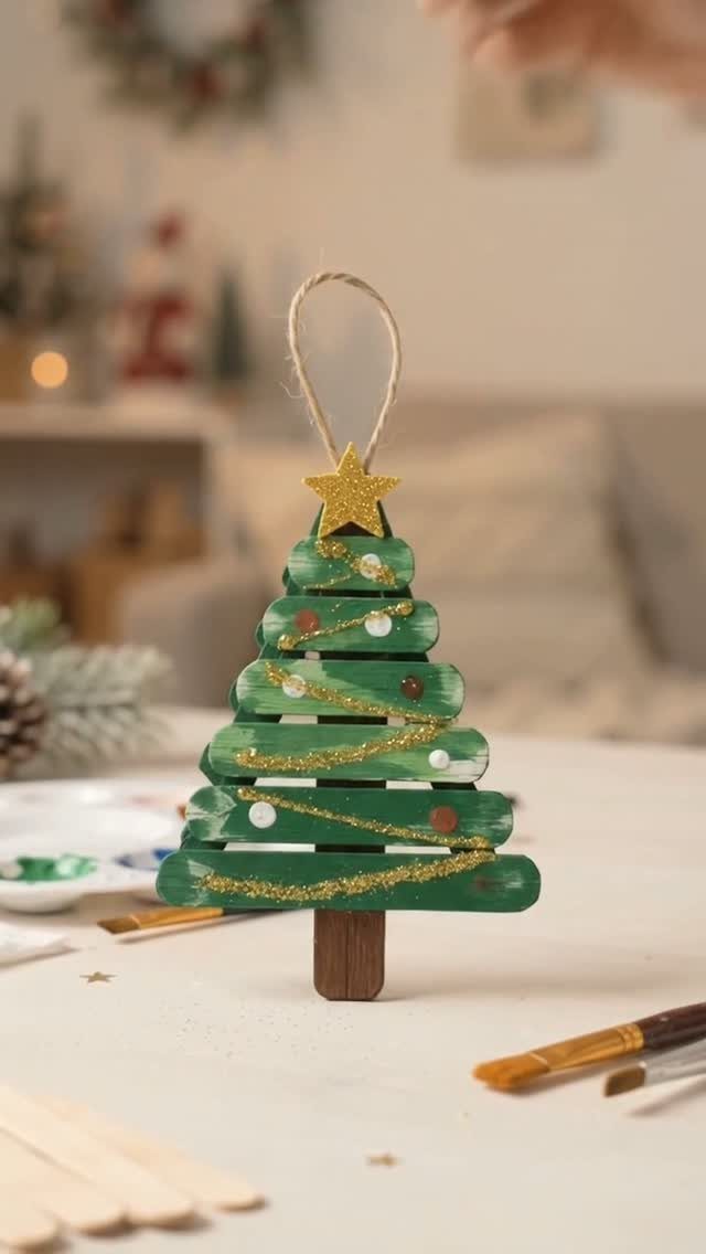 Wooden craft stick Christmas tree ornament painted green with gold glitter decorations.
