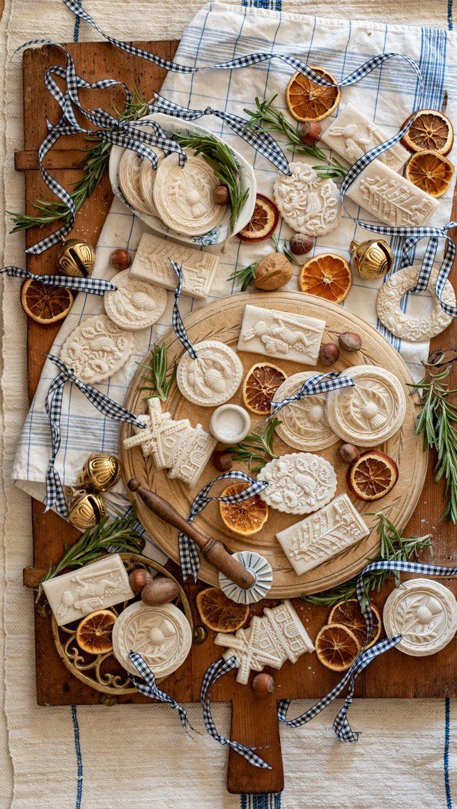 Handmade white soaps with dried oranges and rosemary on wooden boards and linen.