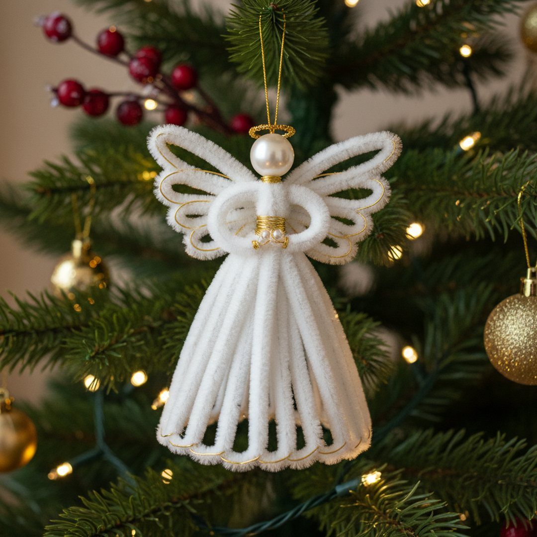 White pipe cleaner angel ornament hanging on a decorated Christmas tree with lights.