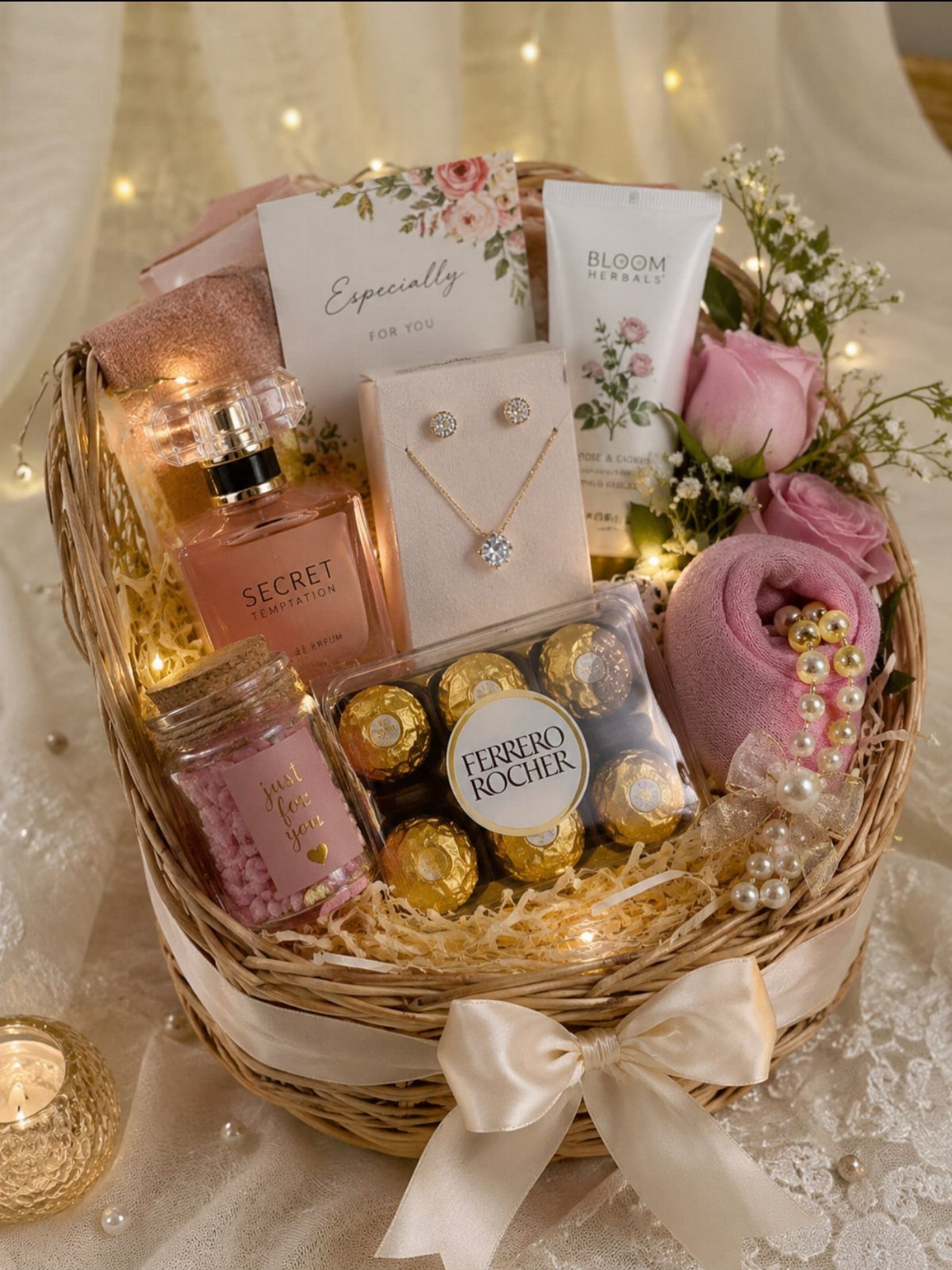 11 Spa Day Gift Basket Ideas for Relaxing at Home 6 Wicker gift basket with pink perfume, jewelry, skincare, chocolates, and pink roses.