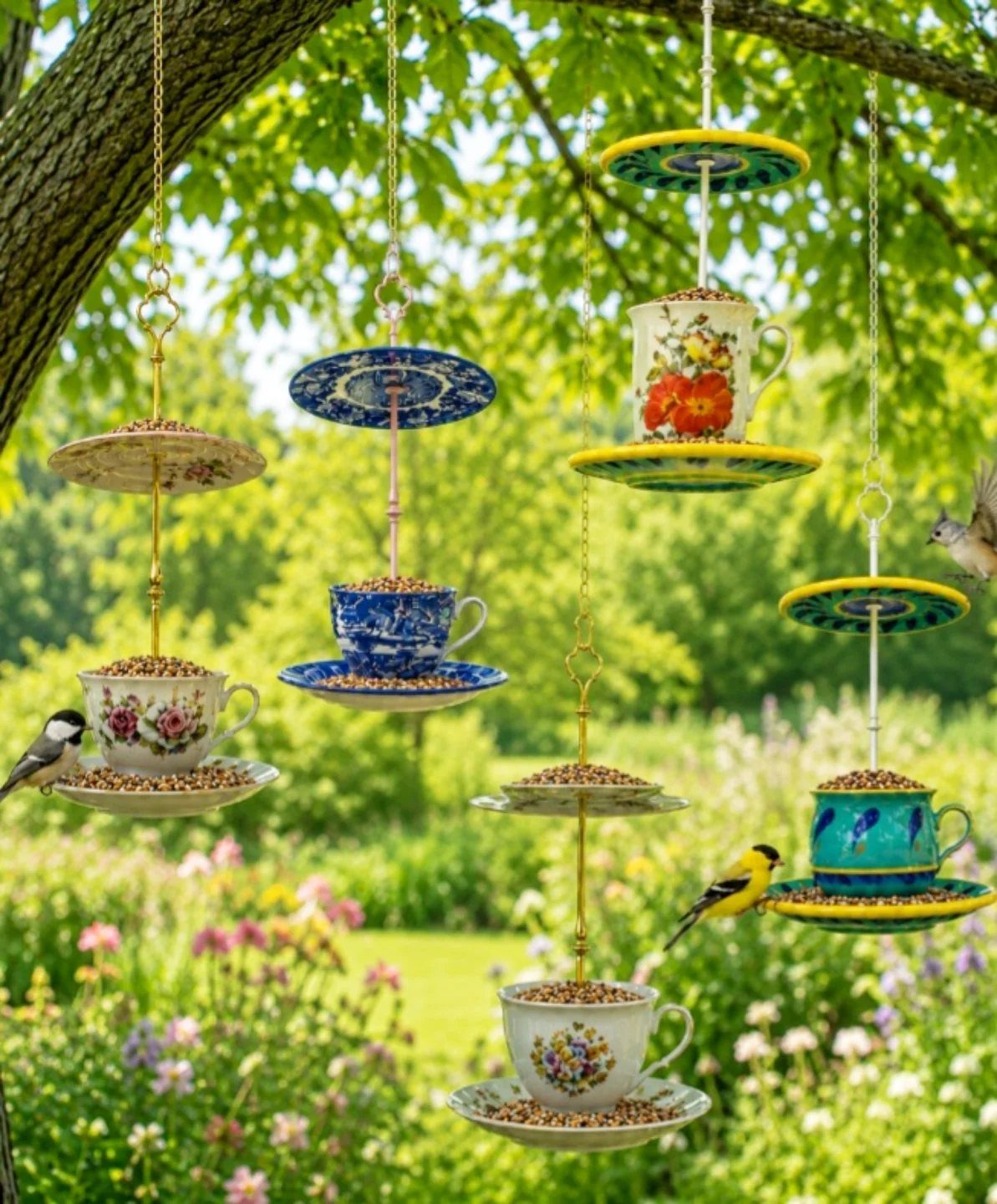 Teacup bird feeders hanging from a tree branch in a blooming spring garden.