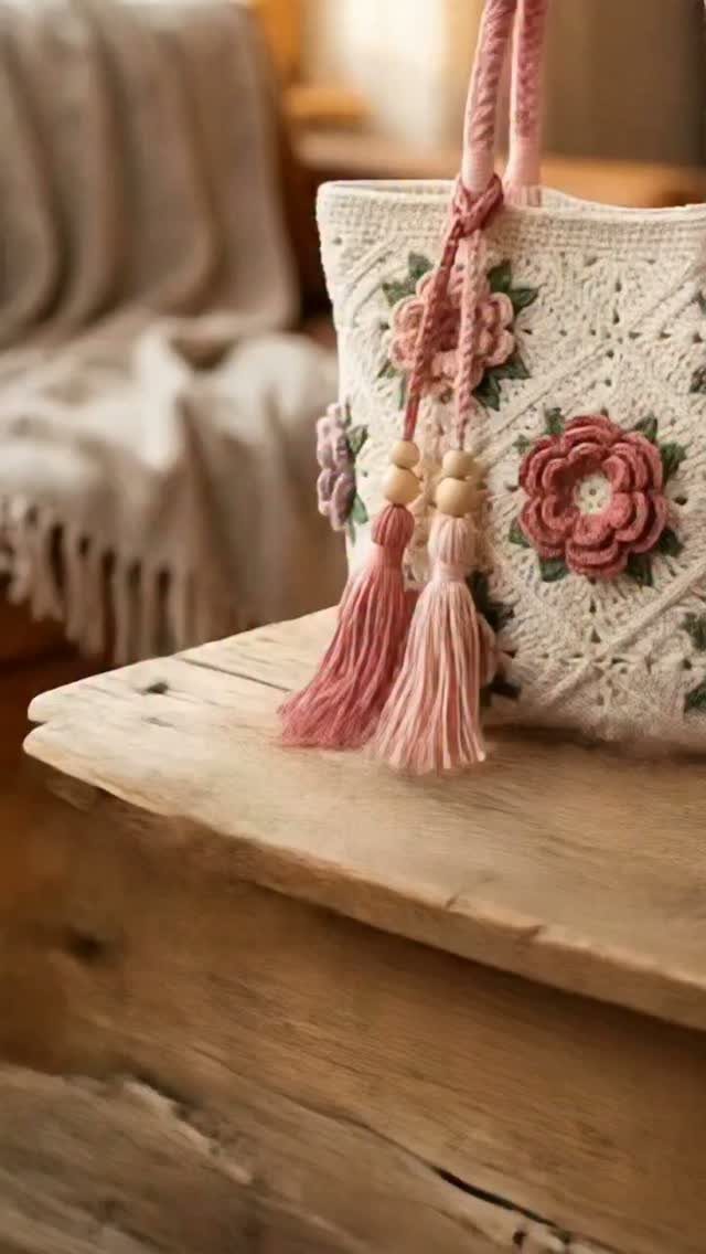 White crocheted tote bag with pink 3D flowers and tassels on wooden surface