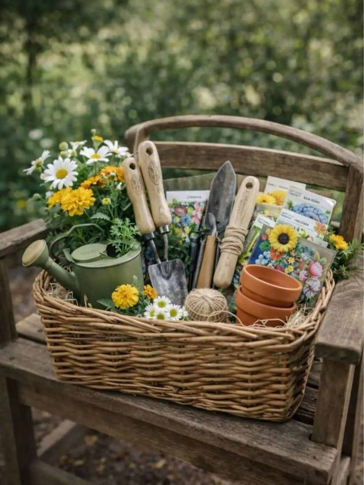 Woven wicker basket filled with gardening tools, seed packets, and fresh flowers.
