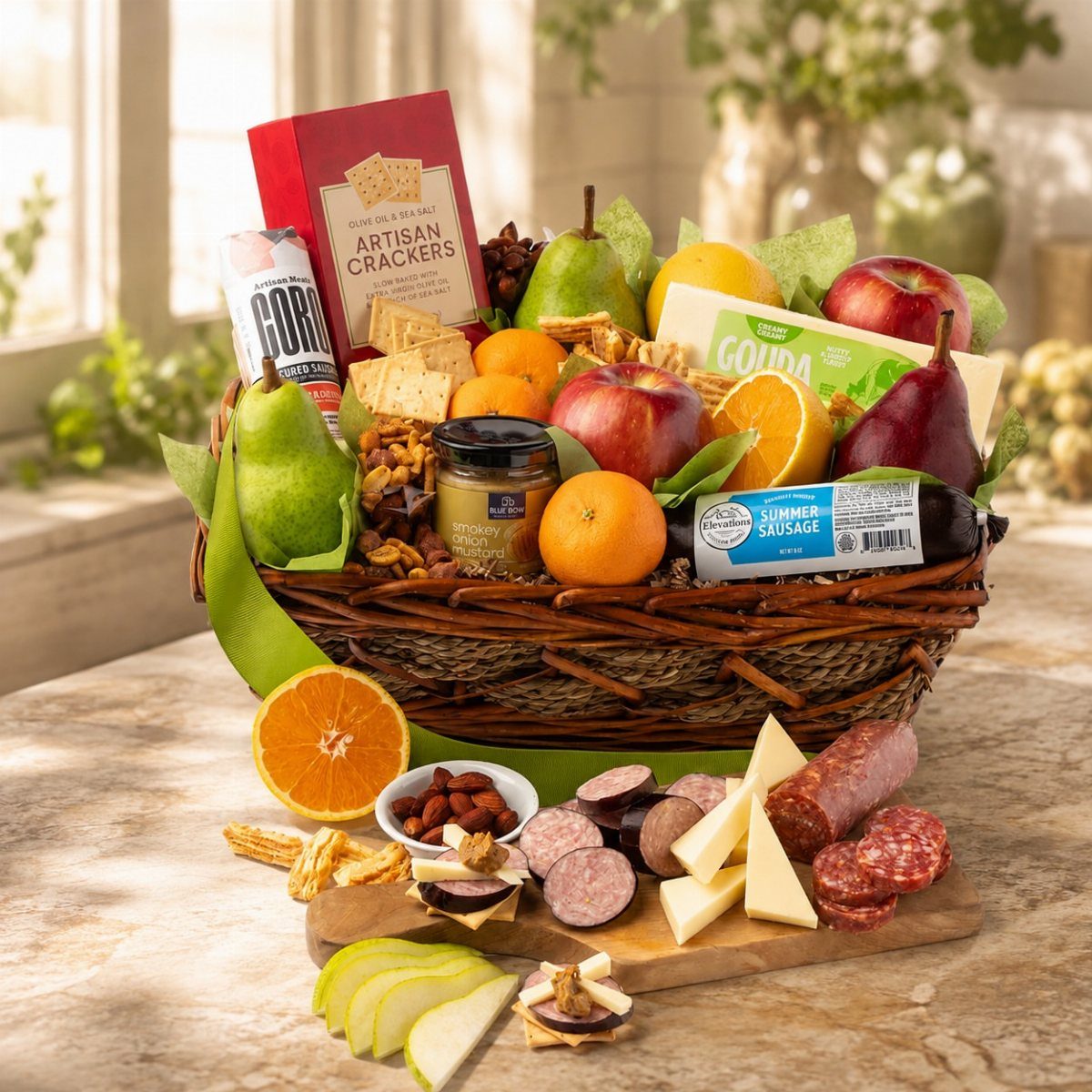Gourmet gift crate with fresh fruit, assorted cheeses, cured meats, and artisan crackers.