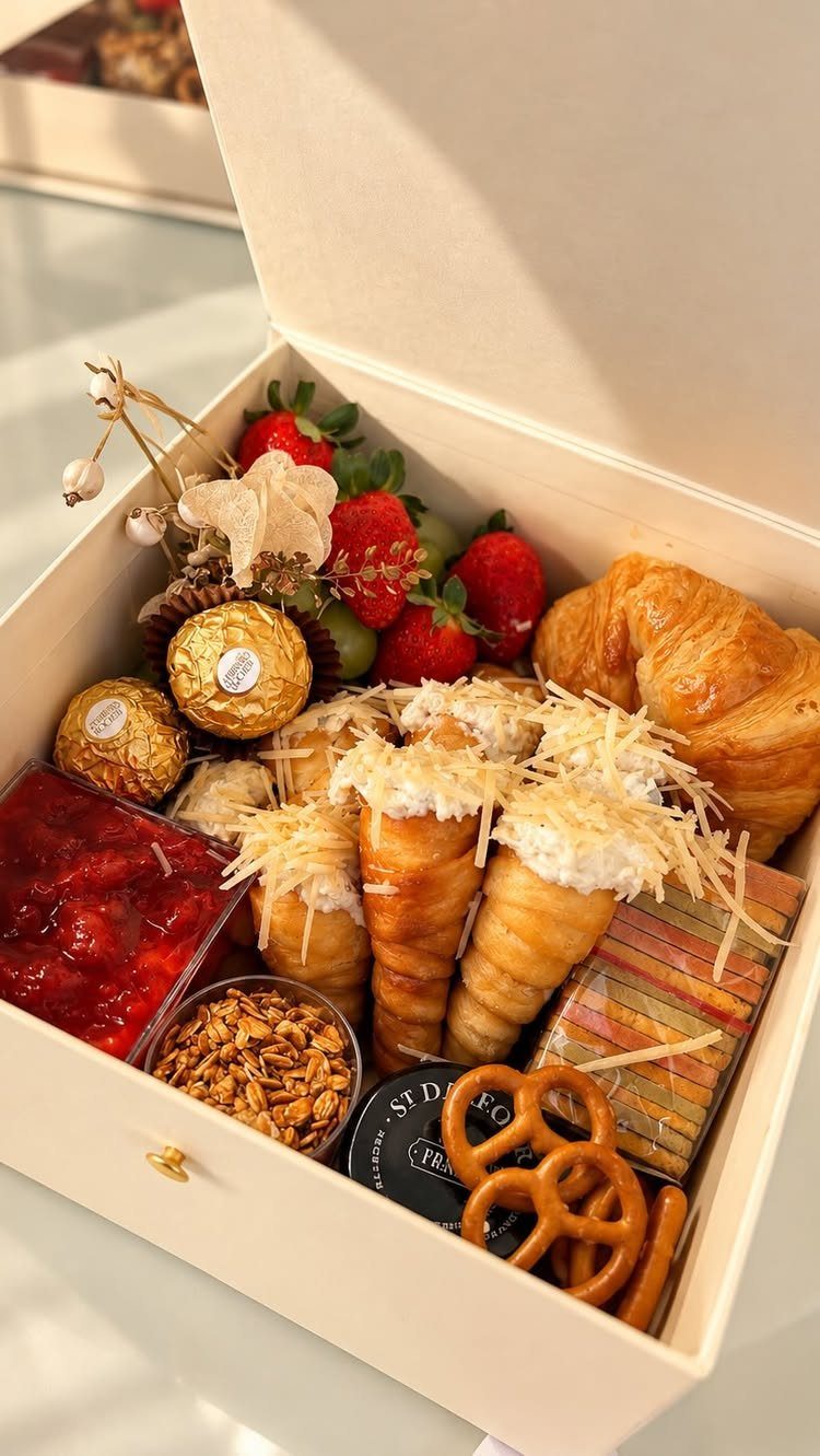 White gift box filled with strawberries, pastries, chocolates, pretzels, and gourmet snacks.