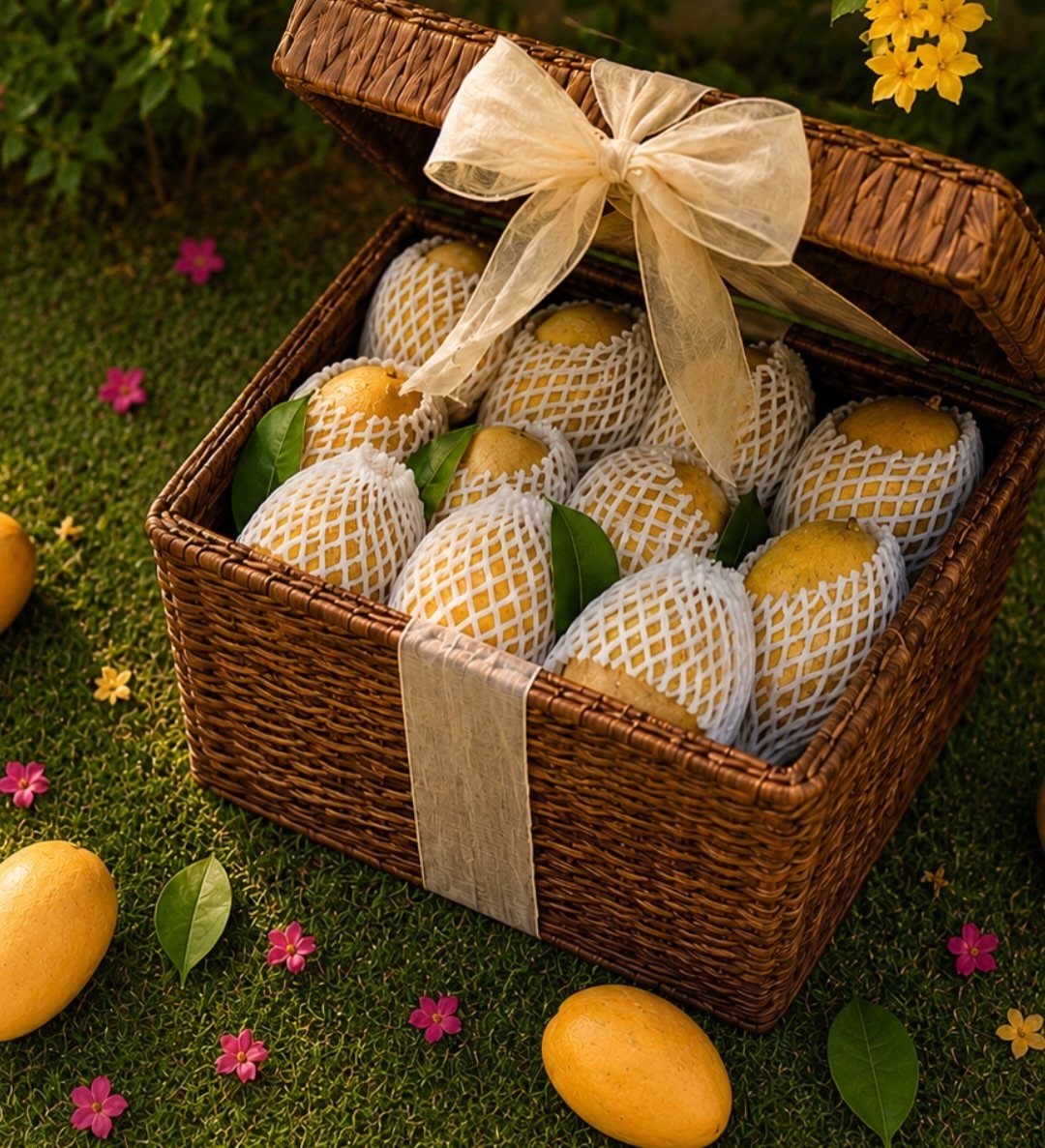 Wicker gift basket filled with foam-wrapped yellow mangoes on a grassy lawn