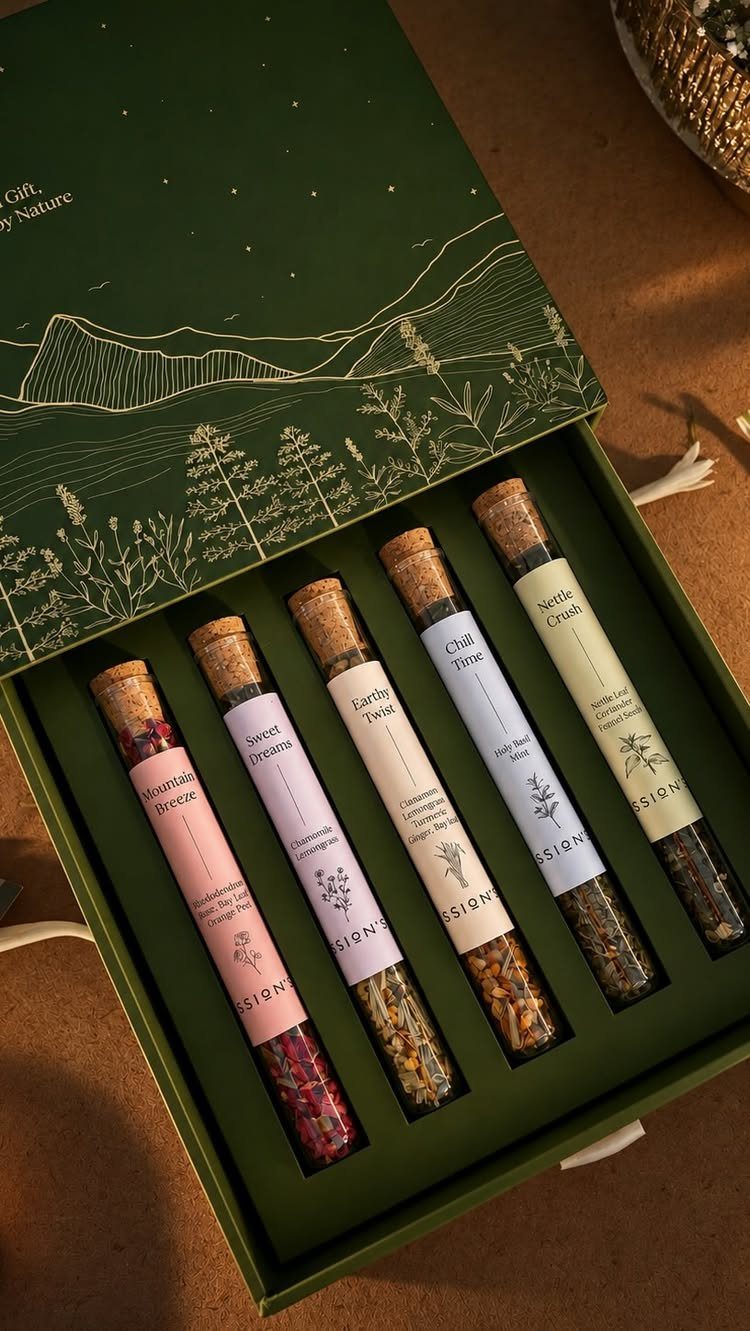 Herbal tea sampler set with five glass tubes in a green gift box.