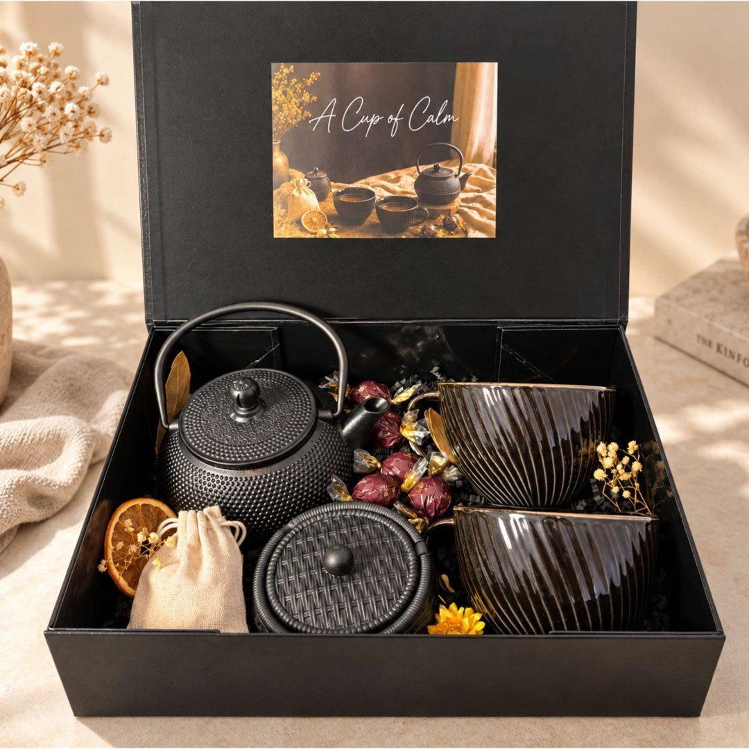 Black tea gift set with cast iron teapot, two cups, and dried botanicals.