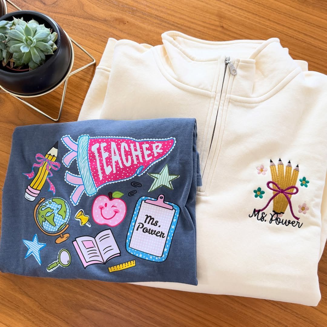 8 Teacher Gifts They Actually Want, From Notes to Totes 2 Custom teacher shirts including a navy t-shirt and cream pullover with personalized names.