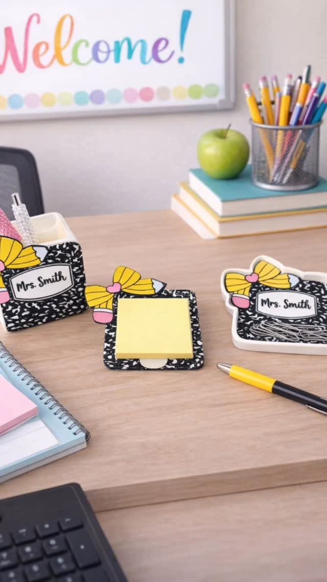 8 Teacher Gifts They Actually Want, From Notes to Totes 6 Personalized stationery set for Mrs. Smith on a desk with school supplies.