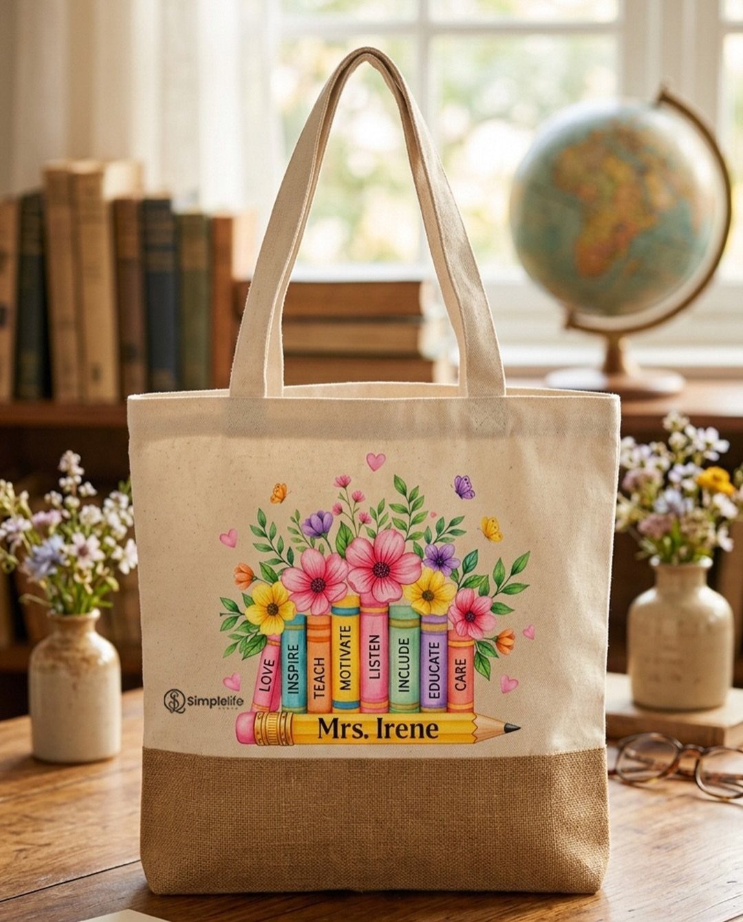 8 Teacher Gifts They Actually Want, From Notes to Totes 3 Personalized canvas tote bag for Mrs. Irene with colorful books and floral design.