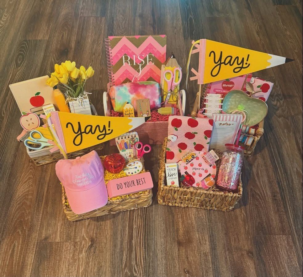 7 Thanksgiving Teacher Gifts for a Heartfelt Thank-You 3 Four gift baskets filled with pink and yellow classroom supplies and stationery.