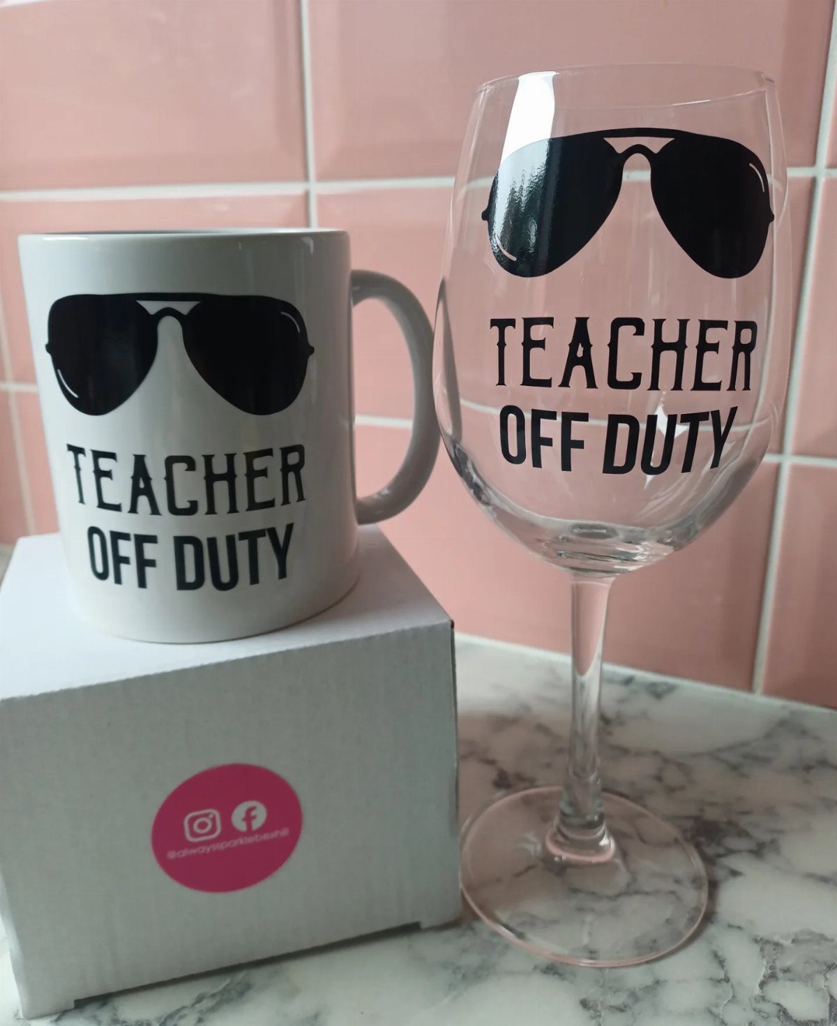 7 Thanksgiving Teacher Gifts for a Heartfelt Thank-You 2 White coffee mug and wine glass with Teacher Off Duty text and sunglasses
