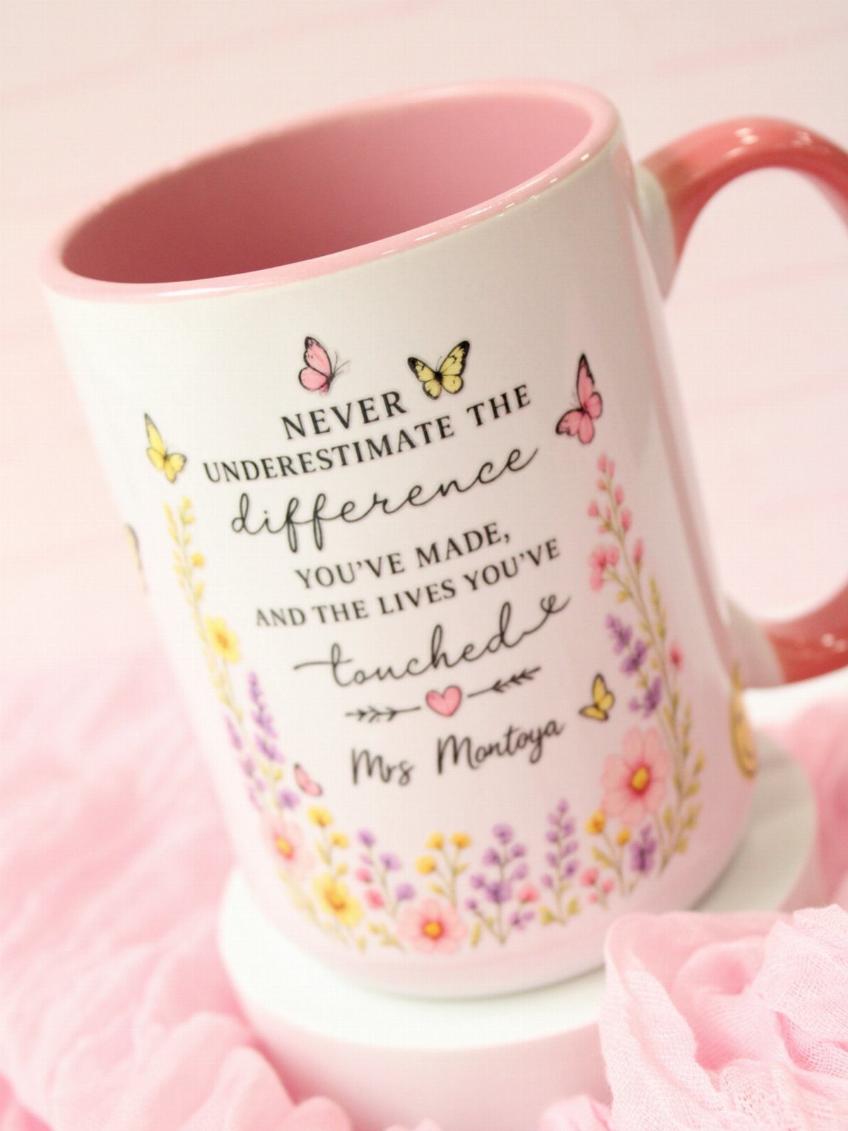 7 Thanksgiving Teacher Gifts for a Heartfelt Thank-You 5 White ceramic coffee mug with floral patterns and a personalized teacher appreciation message.