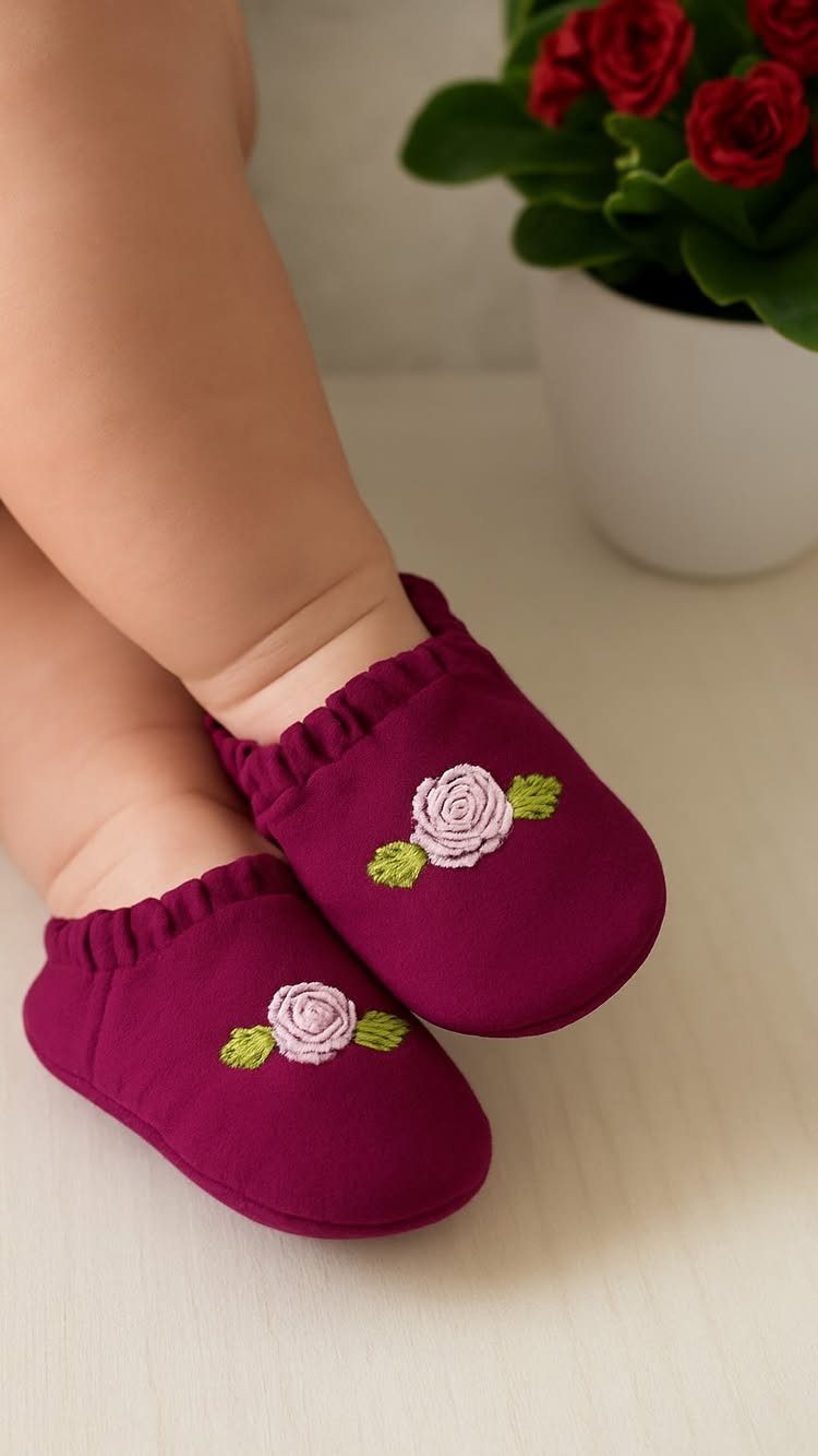 15 Unusual Sewing Gifts to Make for Friends and Family 3 Baby feet wearing magenta fabric shoes with embroidered pink roses on the toes.