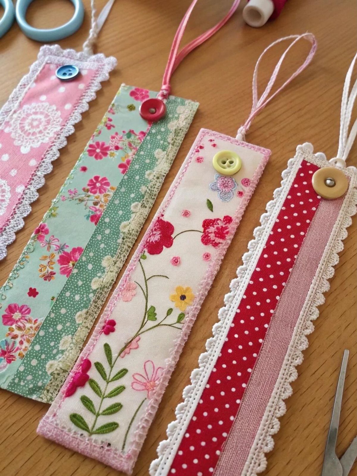 15 Unusual Sewing Gifts to Make for Friends and Family 8 Four colorful handmade fabric bookmarks with buttons and ribbons on a wooden table