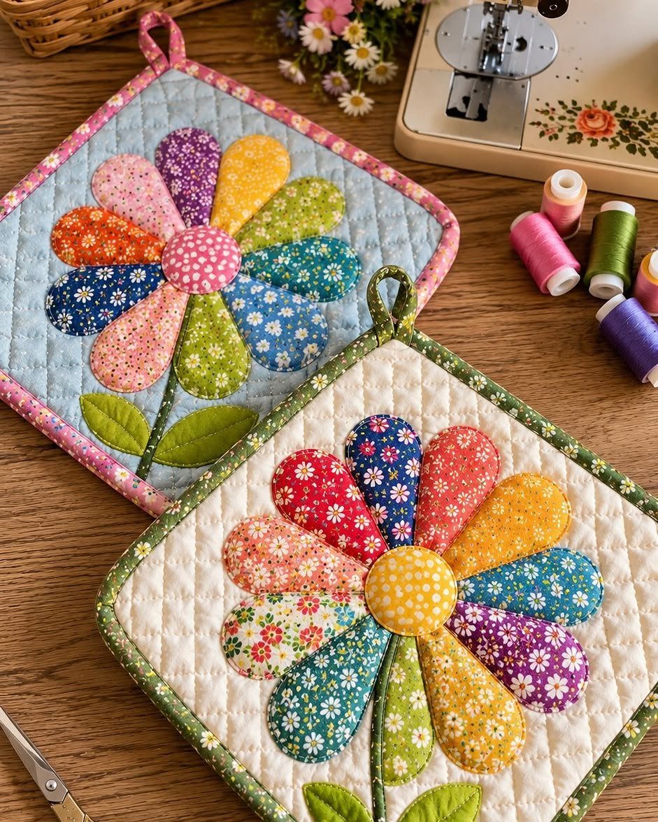 15 Unusual Sewing Gifts to Make for Friends and Family 10 Quilted pot holders with colorful fabric flowers next to a sewing machine.