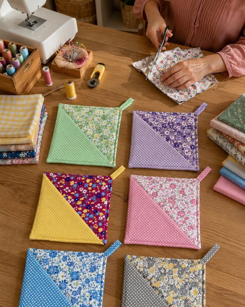 15 Unusual Sewing Gifts to Make for Friends and Family 11 Colorful floral and dotted fabric coasters arranged on a wooden sewing table.