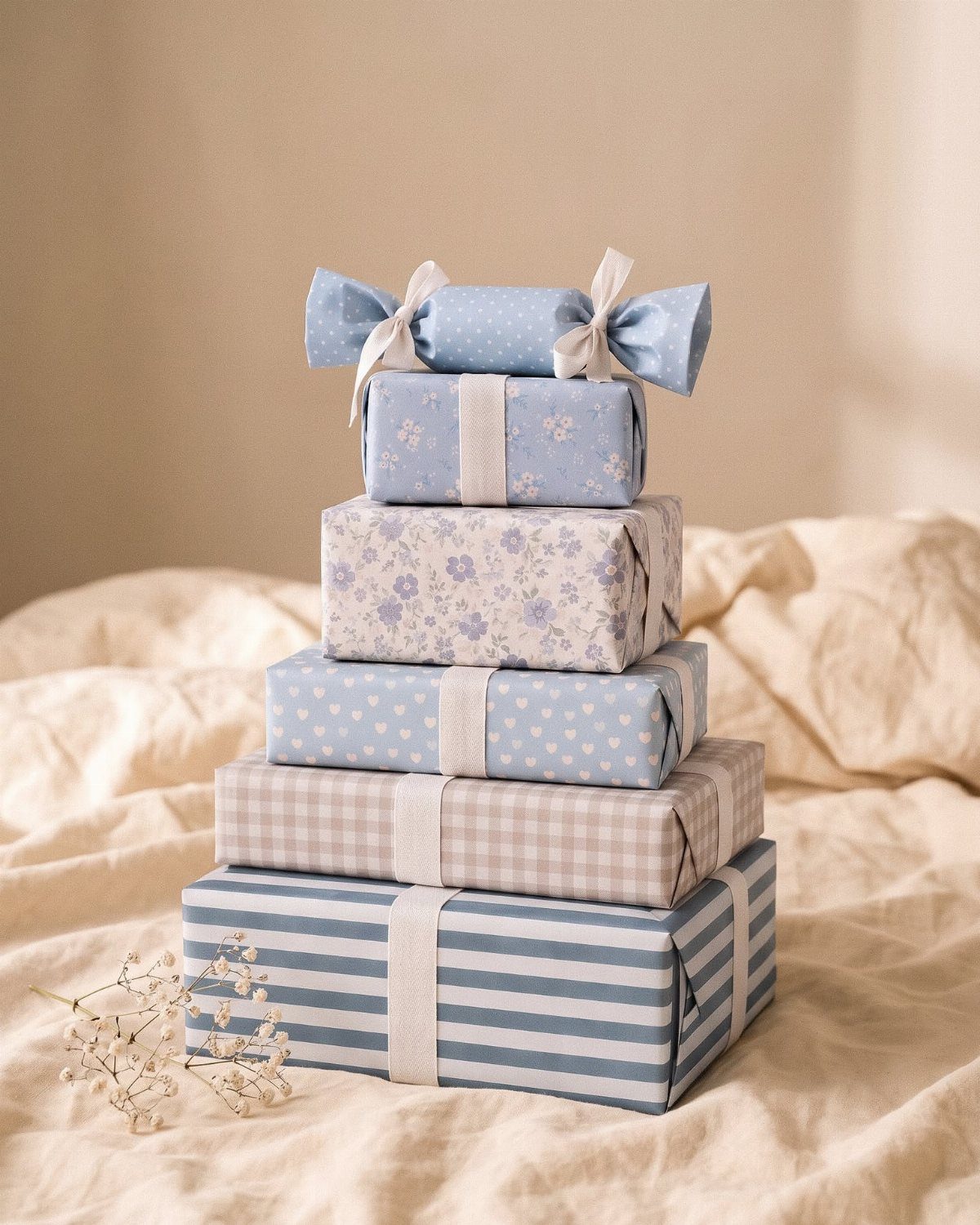 15 Unusual Sewing Gifts to Make for Friends and Family 4 Stacked gifts wrapped in blue and white patterned fabrics with ribbons on linen.