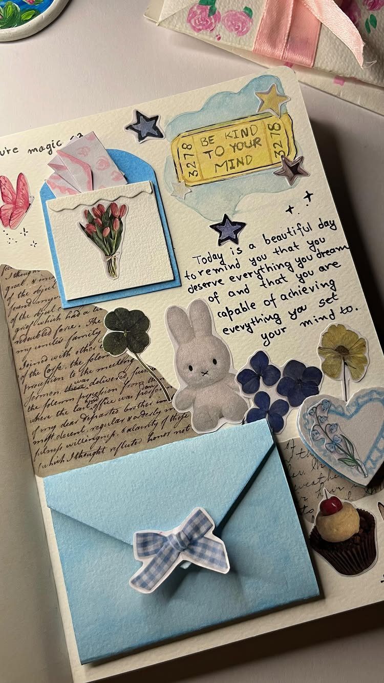 12 Useful Homemade Christmas Gifts People Will Use 5 Decorated journal page with a blue envelope, bunny sticker, and handwritten quotes.