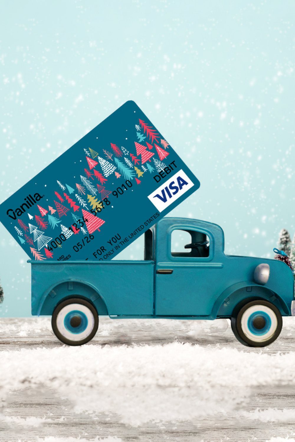Visa Gift Card Pictures: 5 Card Designs to Browse and Gift 3 Blue Visa gift card with winter trees in a blue toy truck bed