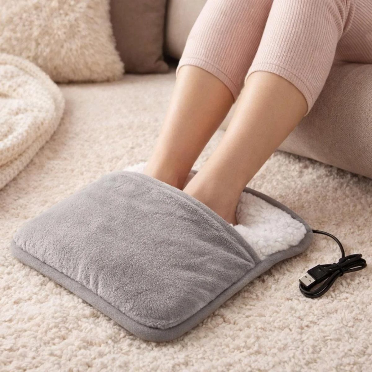 13 Warm and Cozy Gift Ideas for Winter Gifting 5 Feet resting in a grey plush electric foot warmer on a white rug