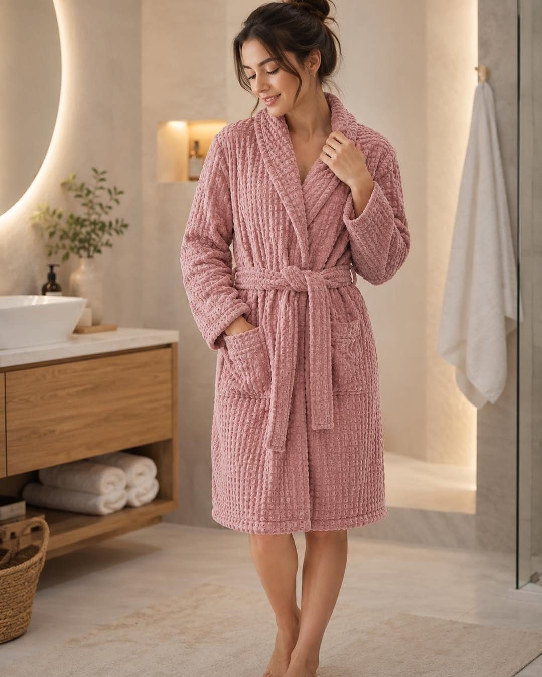 13 Warm and Cozy Gift Ideas for Winter Gifting 10 Woman wearing a plush pink textured bathrobe standing in a modern bright bathroom.