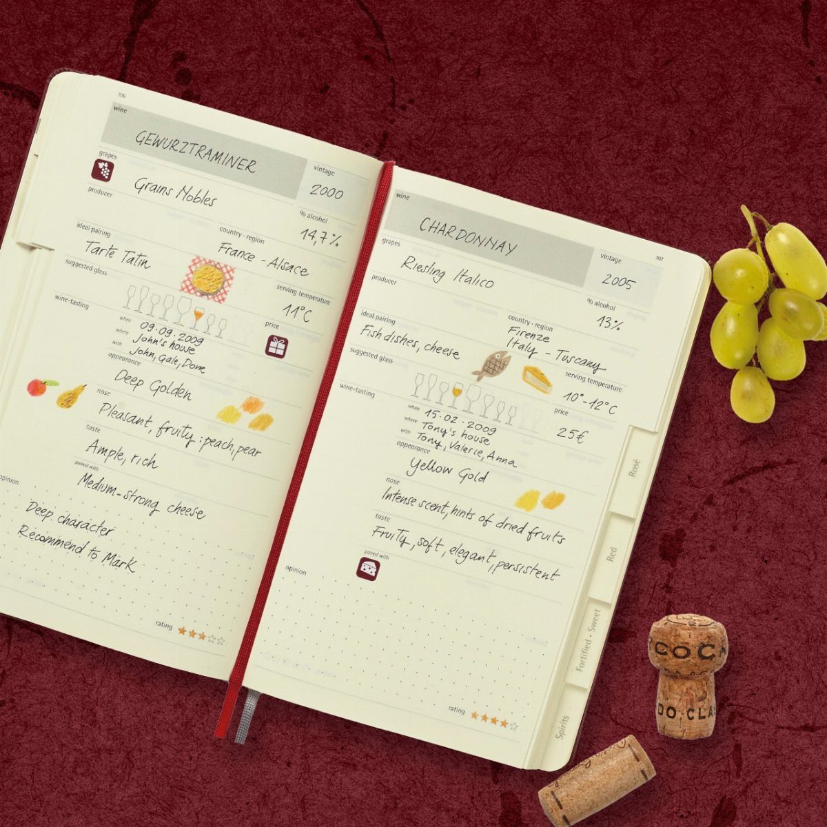 10 Wine Gift Ideas for Every Kind of Wine Lover 4 Open wine tasting journal with handwritten notes, green grapes, and corks on red fabric.